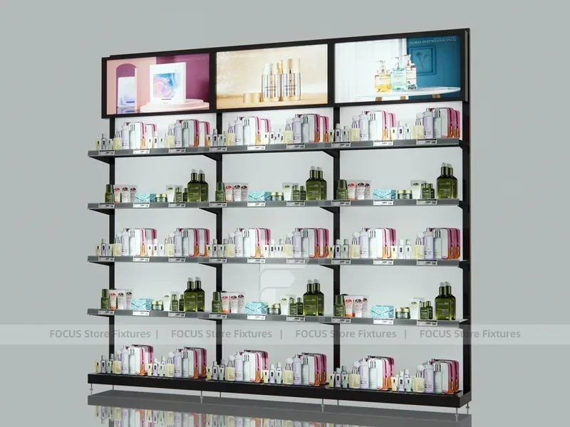 Extra Long Dark Beauty Supply Wall Shelving with LED for Wig Shop