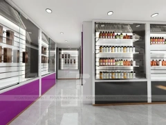 Gray Luxury Salon Wall Cabinets with Purple Runway Aisle for Wig Beauty Store