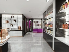Gray Luxury Salon Wall Cabinets with Purple Runway Aisle for Wig Beauty Store