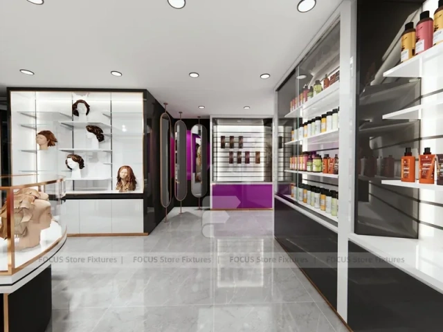 Gray Luxury Salon Wall Cabinets with Purple Runway Aisle for Wig Beauty Store