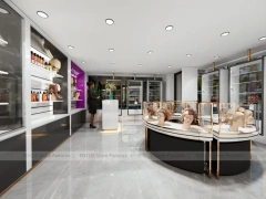 Gray Luxury Salon Wall Cabinets with Purple Runway Aisle for Wig Beauty Store