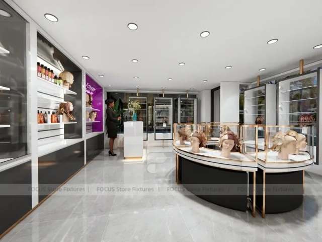 Gray Luxury Salon Wall Cabinets with Purple Runway Aisle for Wig Beauty Store