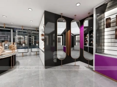 Gray Luxury Salon Wall Cabinets with Purple Runway Aisle for Wig Beauty Store