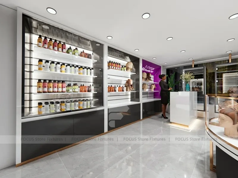Gray Luxury Salon Wall Cabinets with Purple Runway Aisle for Wig Beauty Store