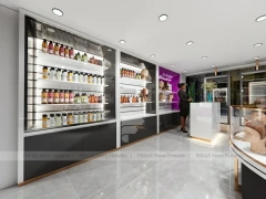 Gray Luxury Salon Wall Cabinets with Purple Runway Aisle for Wig Beauty Store