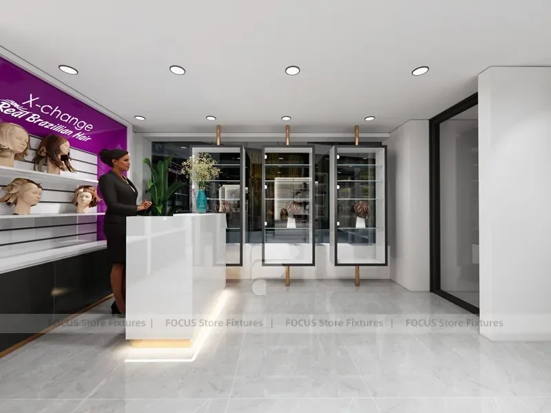 Gray Luxury Salon Wall Cabinets with Purple Runway Aisle for Wig Beauty Store