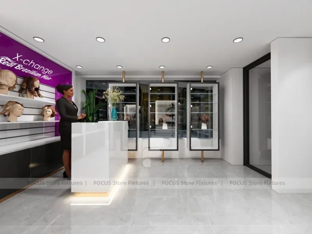 Gray Luxury Salon Wall Cabinets with Purple Runway Aisle for Wig Beauty Store