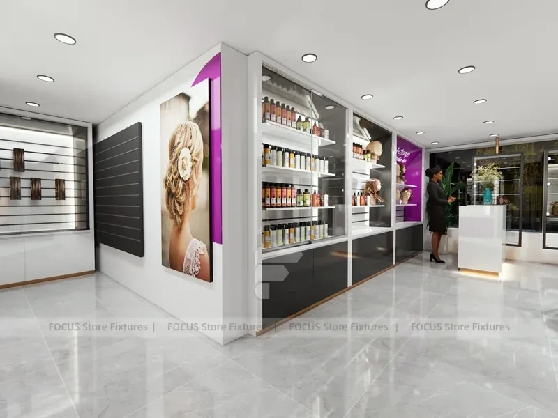 Gray Luxury Salon Wall Cabinets with Purple Runway Aisle for Wig Beauty Store