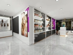 Gray Luxury Salon Wall Cabinets with Purple Runway Aisle for Wig Beauty Store