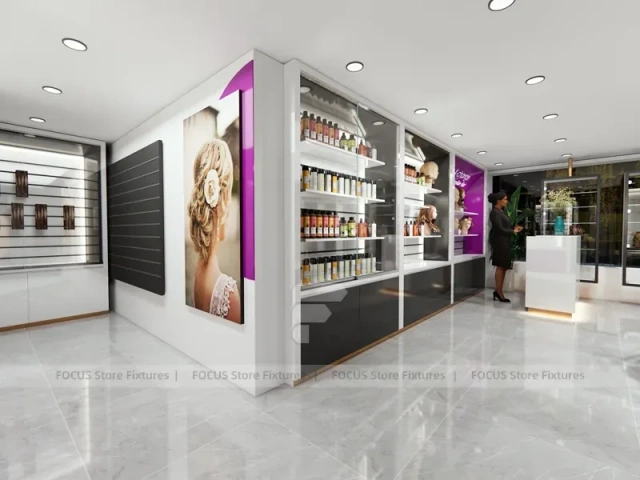 Gray Luxury Salon Wall Cabinets with Purple Runway Aisle for Wig Beauty Store