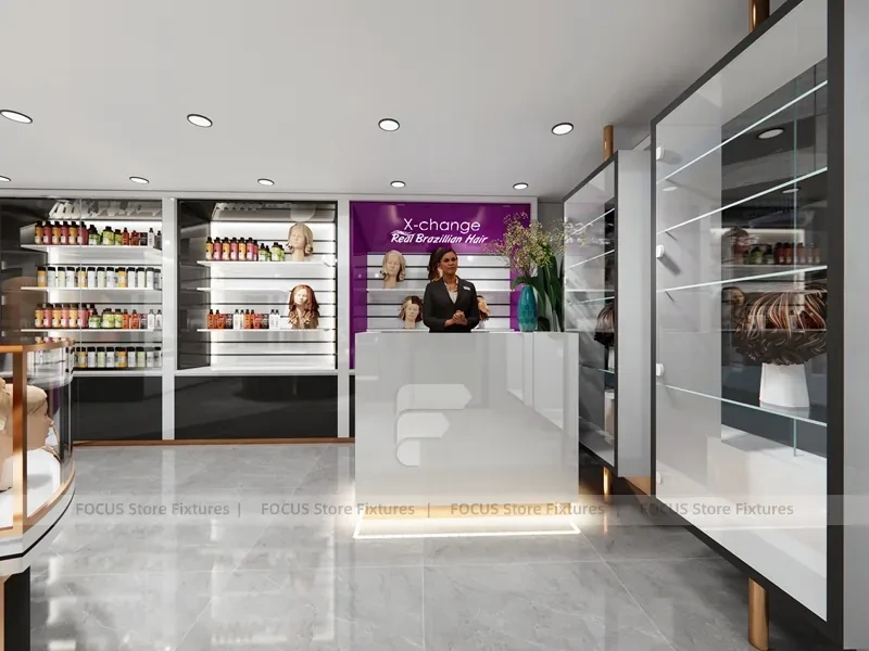 Gray Luxury Salon Wall Cabinets with Purple Runway Aisle for Wig Beauty Store