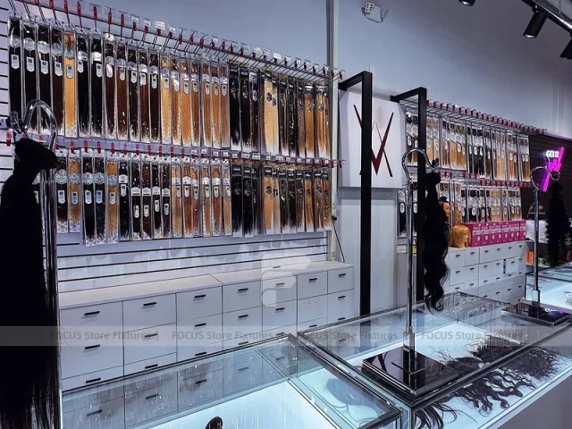 Hair Extension Wall Display with Drawers and Glass Counter for Beauty Store