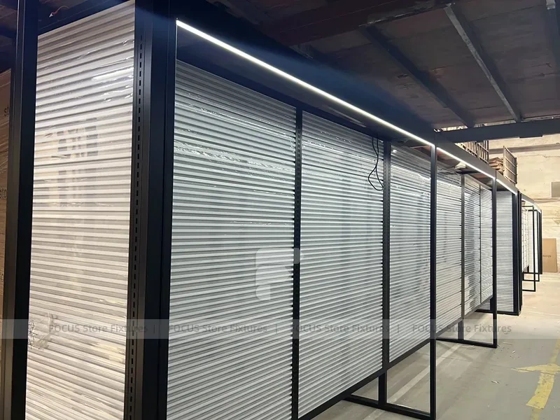 Illuminated Black Framed Slatwall Corridor Display System for Wig Store