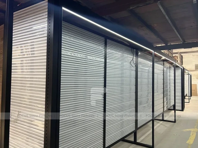 Illuminated Black Framed Slatwall Corridor Display System for Wig Store