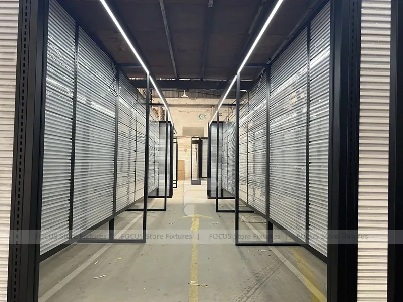 Illuminated Black Framed Slatwall Corridor Display System for Wig Store
