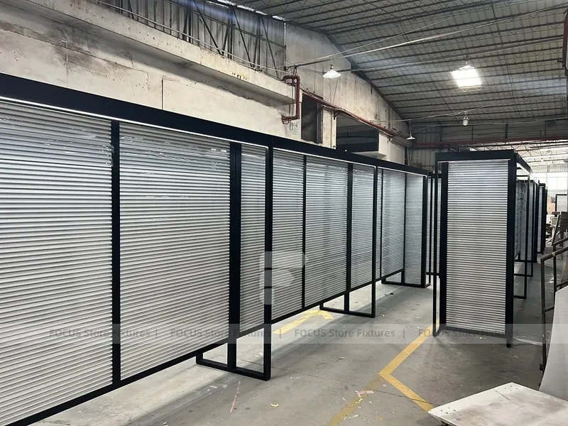 Illuminated Black Framed Slatwall Corridor Display System for Wig Store