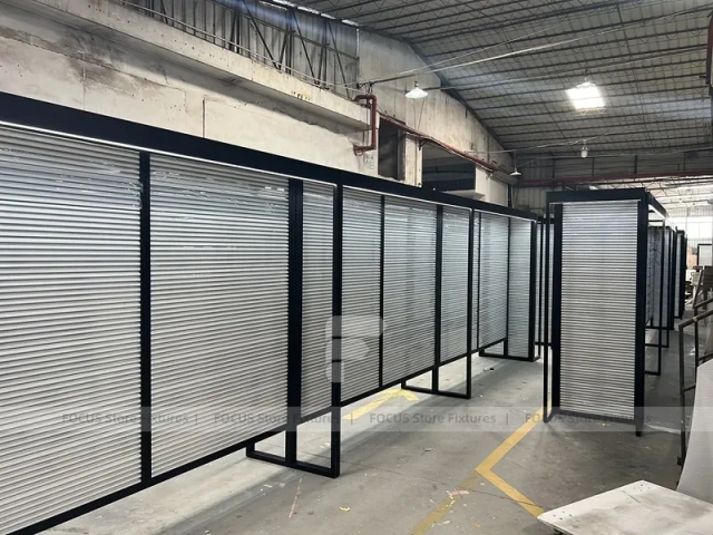 Illuminated Black Framed Slatwall Corridor Display System for Wig Store