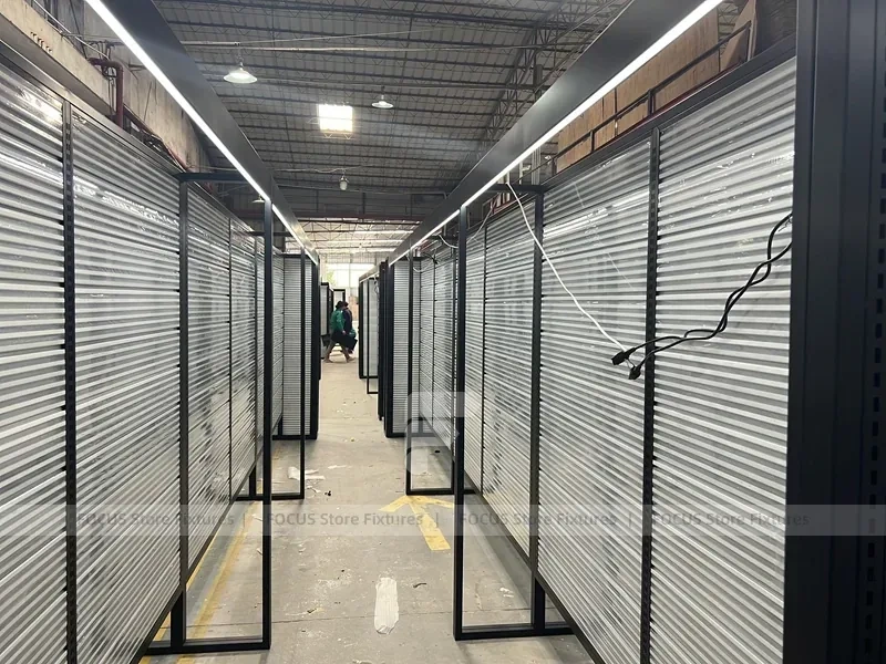 Illuminated Black Framed Slatwall Corridor Display System for Wig Store