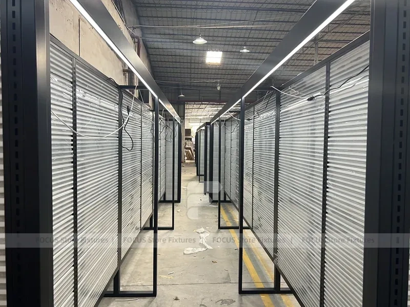 Illuminated Black Framed Slatwall Corridor Display System for Wig Store