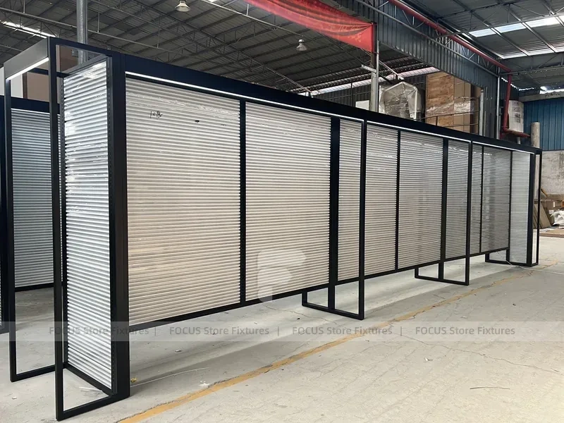 Illuminated Black Framed Slatwall Corridor Display System for Wig Store