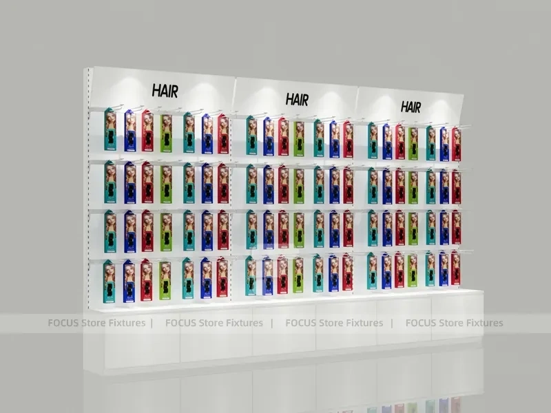 Illuminated White Hair Extension Wall Rack with Base Drawers for Beauty Store