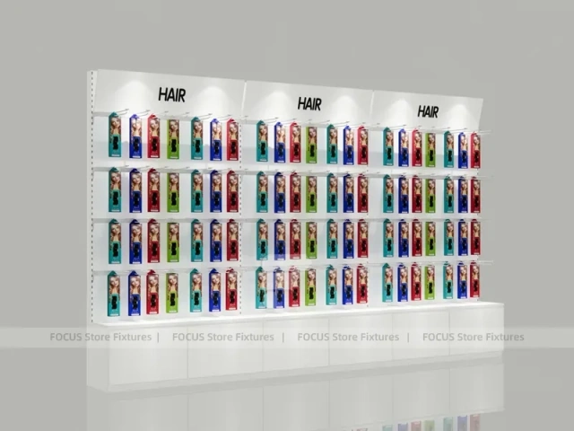 Illuminated White Hair Extension Wall Rack with Base Drawers for Beauty Store