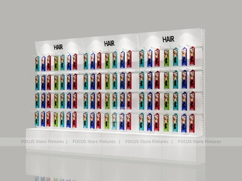 Illuminated White Hair Extension Wall Rack with Base Drawers for Beauty Store