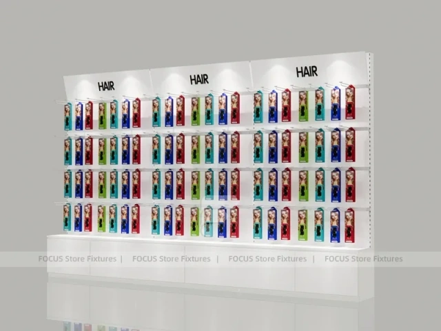 Illuminated White Hair Extension Wall Rack with Base Drawers for Beauty Store