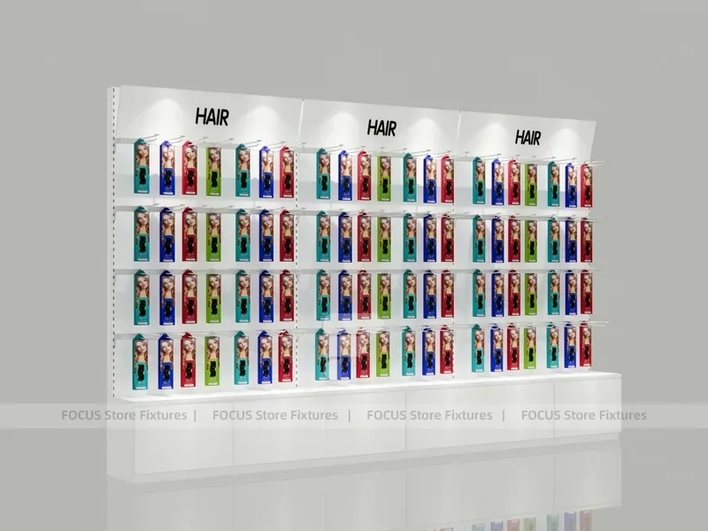 Illuminated White Hair Extension Wall Rack with Base Drawers for Beauty Store