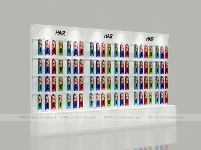 Illuminated White Hair Extension Wall Rack with Base Drawers for Beauty Store