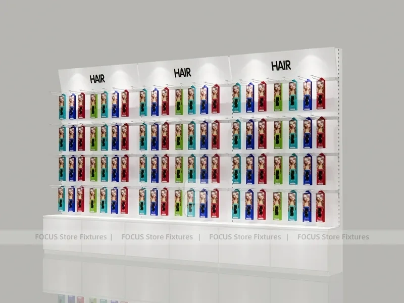 Illuminated White Hair Extension Wall Rack with Base Drawers for Beauty Store