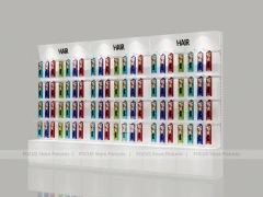 Illuminated White Hair Extension Wall Rack with Base Drawers for Beauty Store