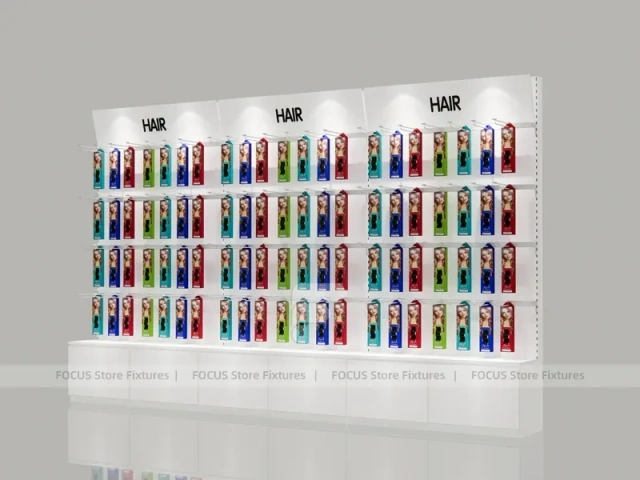 Illuminated White Hair Extension Wall Rack with Base Drawers for Beauty Store