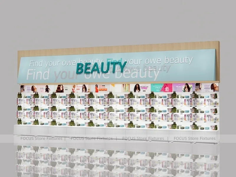 Light Wood Beauty Supply Wall Display with Header Sign for Wig Shop