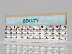 Light Wood Beauty Supply Wall Display with Header Sign for Wig Shop