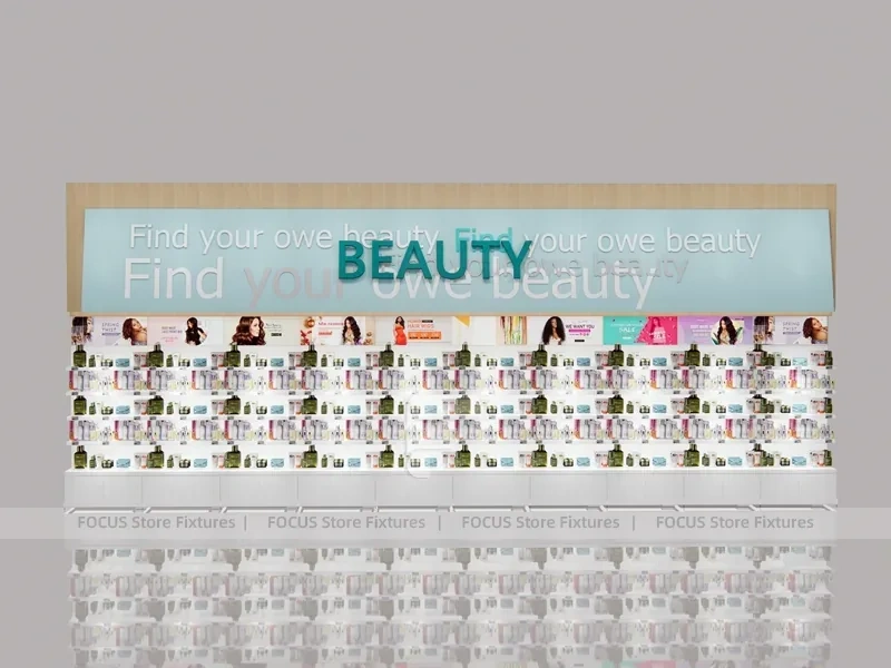 Light Wood Beauty Supply Wall Display with Header Sign for Wig Shop