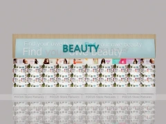 Light Wood Beauty Supply Wall Display with Header Sign for Wig Shop