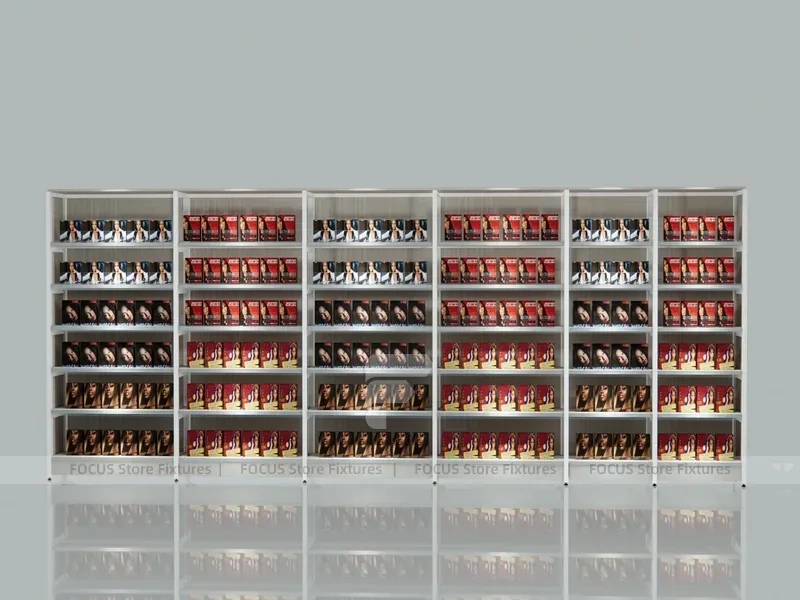 Light Wood Beauty Supply Wall Display with Header Sign for Wig Shop