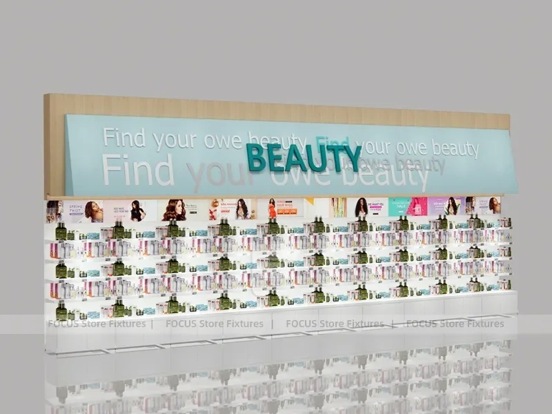 Light Wood Beauty Supply Wall Display with Header Sign for Wig Shop