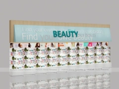 Light Wood Beauty Supply Wall Display with Header Sign for Wig Shop