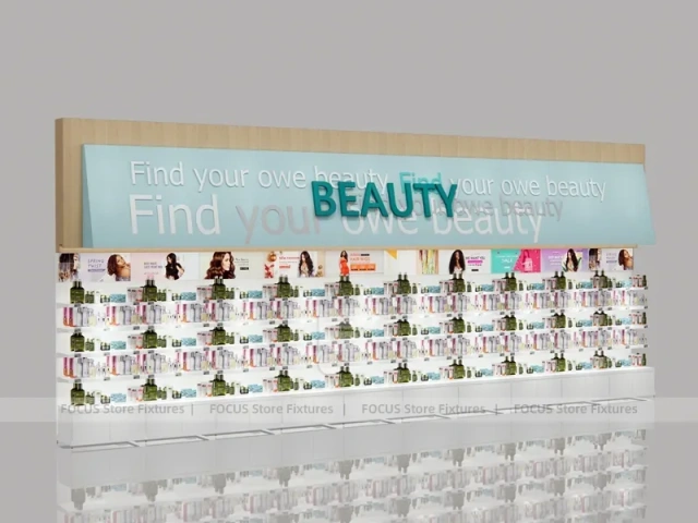 Light Wood Beauty Supply Wall Display with Header Sign for Wig Shop