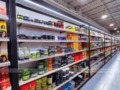 Long Black Beauty Supply Wall Shelving with LED Strip for Wig Shop