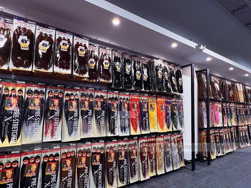 Long Black Beauty Supply Wall Shelving with LED Strip for Wig Shop