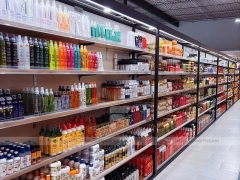 Long Black Beauty Supply Wall Shelving with LED Strip for Wig Shop