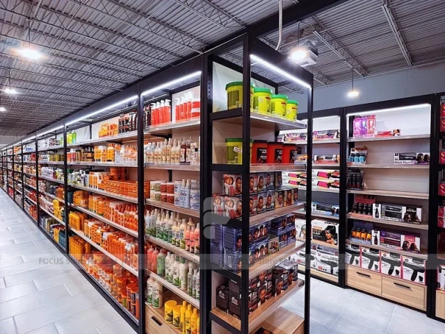 Long Black Beauty Supply Wall Shelving with LED Strip for Wig Shop