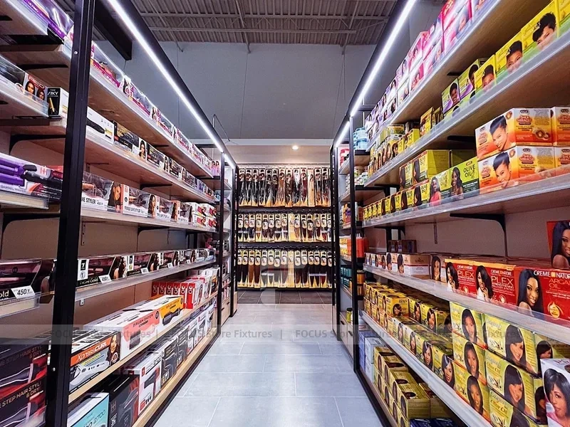 Long Black Beauty Supply Wall Shelving with LED Strip for Wig Shop