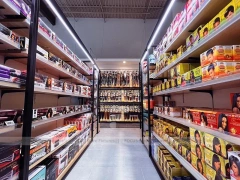 Long Black Beauty Supply Wall Shelving with LED Strip for Wig Shop