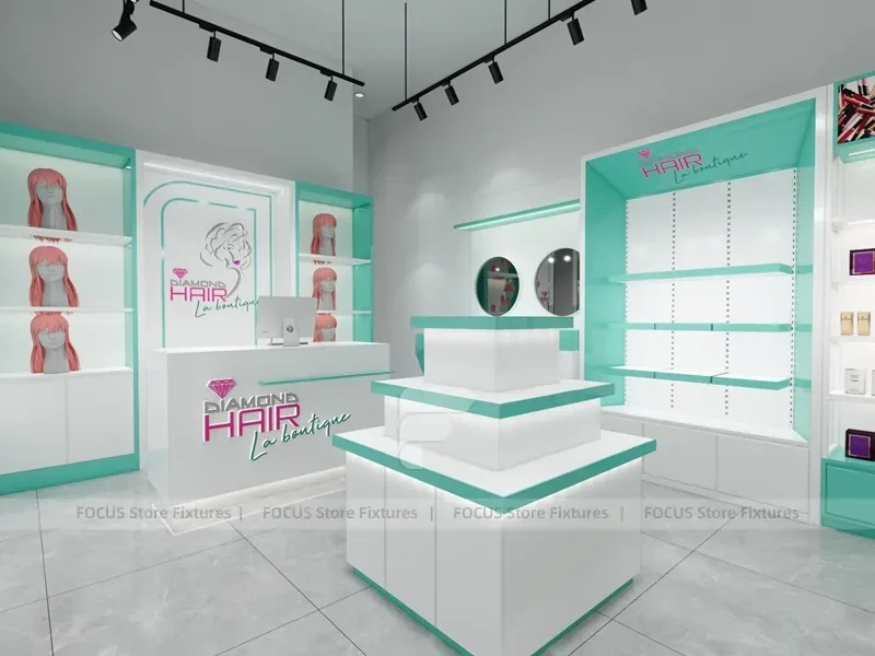 Mint Green Salon Checkout Counter with Illuminated Wall Cabinets for Wig Beauty Store