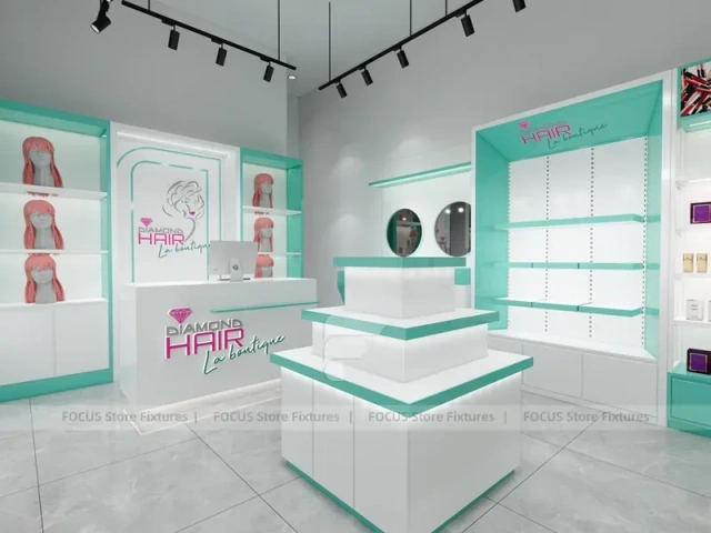 Mint Green Salon Checkout Counter with Illuminated Wall Cabinets for Wig Beauty Store