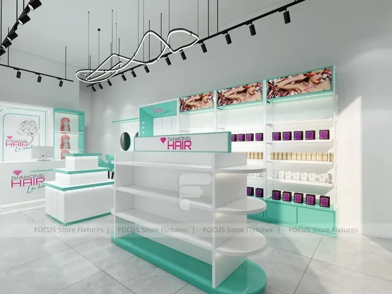 Mint Green Salon Checkout Counter with Illuminated Wall Cabinets for Wig Beauty Store